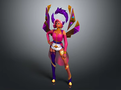 Pink Haired Game Movie Character With Pink Top White Shorts Purple Stockings And Geometric Wings 3d model