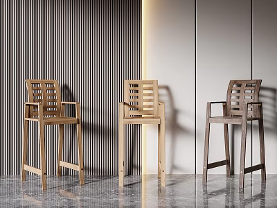Three Modern Wooden Bar Stools With Backrest In Minimalist Interior Design 3d model