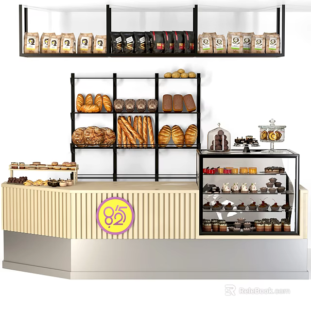 Bakery Display Shelves with Various Breads Pastries Desserts and Wooden Striped Counter 3d model 
