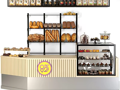 Bakery Display Shelves with Various Breads Pastries Desserts and Wooden Striped Counter 3d model