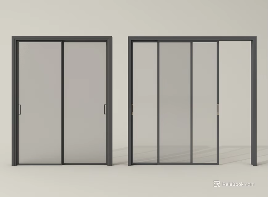 Two And Three Panels Sliding Doors With Black Frames Transparent Glass 3d model