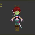 Game Movie Character with Red Hair Bow and Sword in Chibi Style