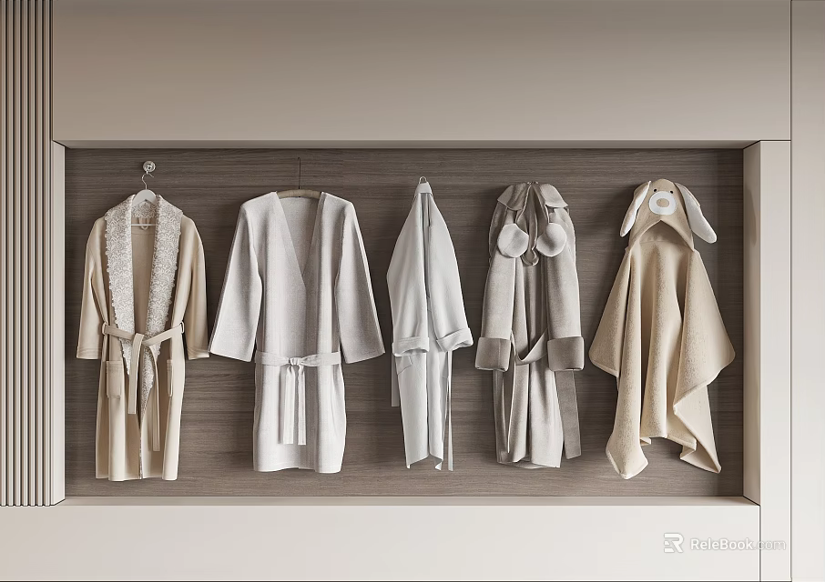 Cozy Neutral Robes With Soft Fabric And Belts Hanging In Wardrobe 3d model 