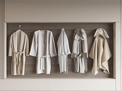 Cozy Neutral Robes With Soft Fabric And Belts Hanging In Wardrobe 3d model