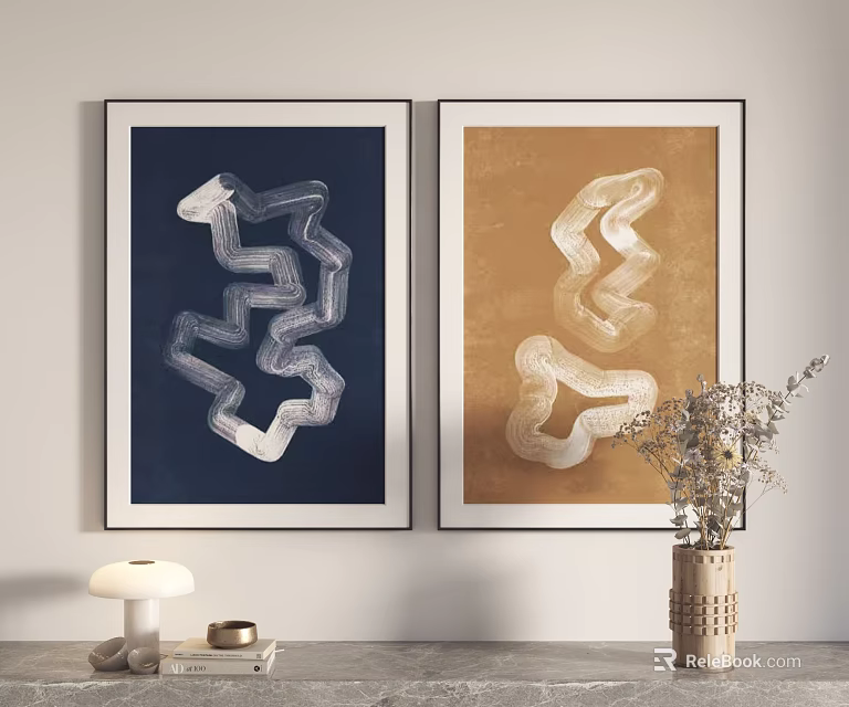 Abstract Paintings Featuring Navy Brown Backgrounds White Wavy Lines Hanging On Wall 3d model