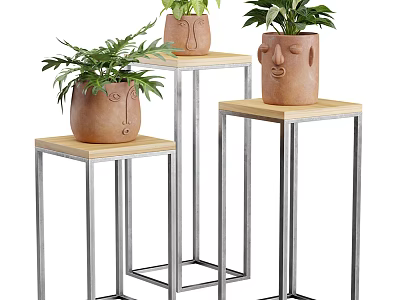 Potted Bonsai Plants in Face Designed Clay Pots on Metal Frame Stands with Wooden Tops 3d model
