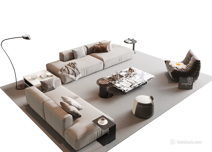 Modern Living Room Interior With Gray Sofa And Coffee Table Set Accent Chair Floor Lamp 3d model 