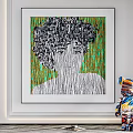 Abstract Line Art Portrait Painting With Curly Hair Green Orange Background Framed Interior Decor