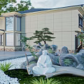 Modern Two Story Detached Villa With Large Windows Lawn Flower Beds And Trees