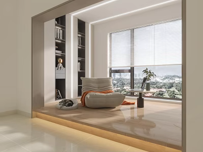Stylish Home Balcony With Cozy Chair Bookshelf Window Blinds Scenic View And Polished Floor 3d model