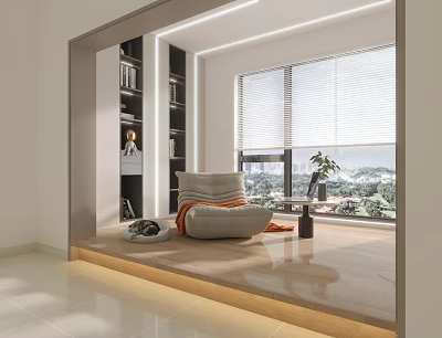 Stylish Home Balcony With Cozy Chair Bookshelf Window Blinds Scenic View And Polished Floor 3d model