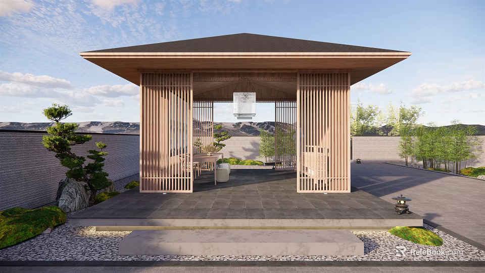 Japanese Style Wooden Pavilion With Slatted Design And Stone Floor Landscape 3d model 