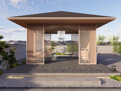 Japanese Style Wooden Pavilion With Slatted Design And Stone Floor Landscape 3d model