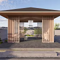 Japanese Style Wooden Pavilion With Slatted Design And Stone Floor Landscape