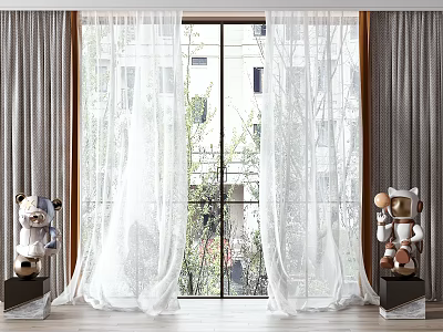 White Sheer Curtains In Modern Interior With Window Green Plants And Decorative Figurines 3d model