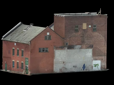 Aged Red Brick Building With Sloped Roof Taller Section And Graffiti 3d model