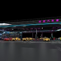 Modern Luxury Car Exhibition Hall Featuring Yellow Sports Cars Purple Blue Lighting And Visitors