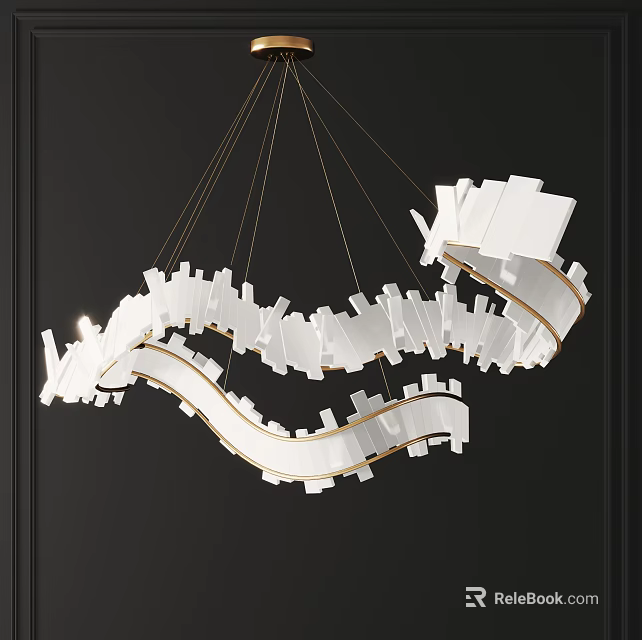 Modern Curved Chandelier With White Geometric Panels And Golden Hanging Wires 3d model 