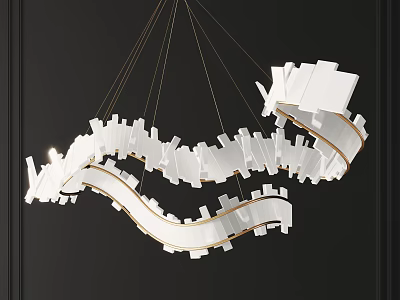 Modern Curved Chandelier With White Geometric Panels And Golden Hanging Wires 3d model