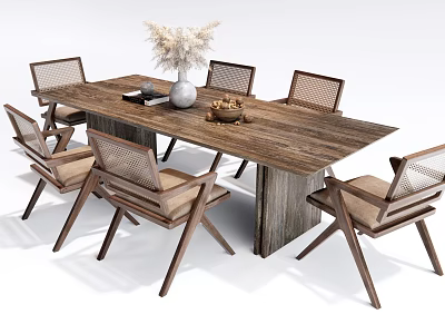 Modern Wooden Dining Table With Six Woven Back Chairs And Decorative Dried Flower Vase 3d model