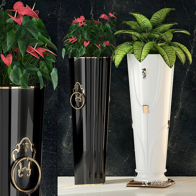 Bonsai Potted Plants in Modern Decorative Pots with Gold Accents Green Leaves and Red Flowers 3d model 