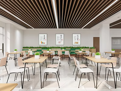 Spacious Canteen Interior With Tables Chairs Green Plants And Art Paintings 3d model