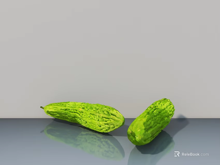 Two Fresh Organic Garden Grown Bitter Melons Display On Gray Surface 3d model 