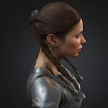 Female Character With Braided Hair In Silver Armor Against Dark Background