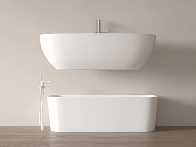 White Floating and Freestanding Bathtubs with Faucet on Light Colored Wall and Wooden Floor 3d model