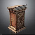 Ornate Wooden Pulpit With Carved Decorations And Open Book On Top