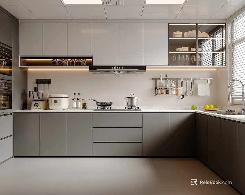 Modern Kitchen Interior With Gray Cabinets Countertop Stove And Shelves With Dishes 3d model 