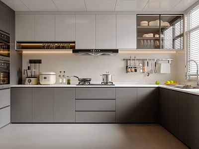 Modern Kitchen Interior With Gray Cabinets Countertop Stove And Shelves With Dishes 3d model