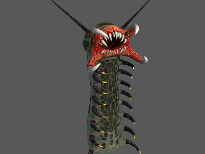 Fierce Monster Creature With Open Mouth Sharp Teeth Red Interior Antennae And Segmented Body 3d model