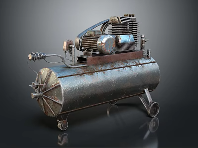 Rusty Vintage Air Compressor With Motor Tank Wheels And Industrial Design 3d model