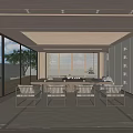 Minimalist Tea Room Interior With Wooden Ceiling Large Windows Solid Wood Table And Chairs