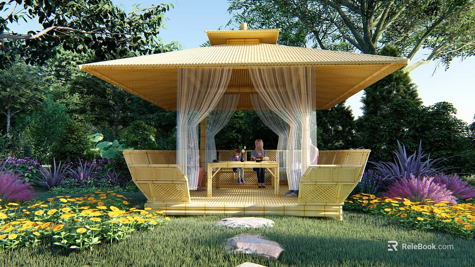 Bamboo Gazebo Outdoor Garden Setting With Curtains Seating And People Enjoying Time 3d model 