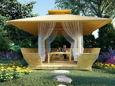 Bamboo Gazebo Outdoor Garden Setting With Curtains Seating And People Enjoying Time 3d model