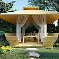 Bamboo Gazebo Outdoor Garden Setting With Curtains Seating And People Enjoying Time