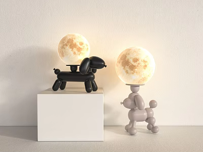 Balloon Dog Shaped Table Lamps Black Gray with Moon Heads on White Cube 3d model