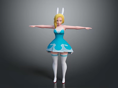 Anime Female Character With Rabbit Ears In Blue Dress White Stockings Red Shoes Arms Outstretched 3d model