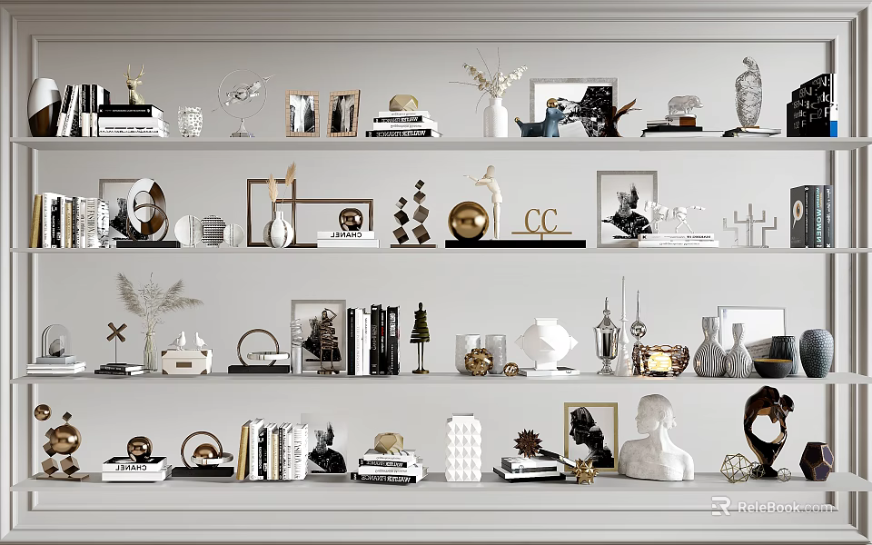Elegant Decorative Ornaments Set For Shelf Display With Vases Sculptures And Frames 3d model 