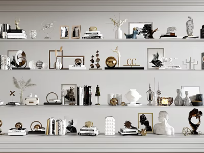 Elegant Decorative Ornaments Set For Shelf Display With Vases Sculptures And Frames 3d model