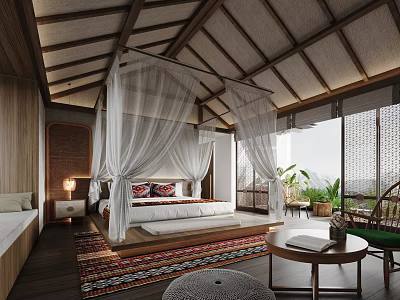 Hotel Guest Room Interior With Canopy Bed White Sheer Drapes Wooden Ceiling And Green Plants 3d model