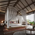 Hotel Guest Room Interior With Canopy Bed White Sheer Drapes Wooden Ceiling And Green Plants