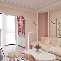 Pink Hello Kitty Living Room With Beige Sofa Coffee Table Stuffed Toys And Decorative Paintings