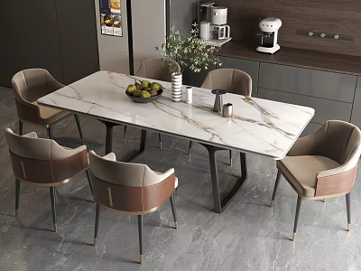 Modern Dining Table Set With Marble Top Black Metal Legs And Light Brown Upholstered Chairs 3d model