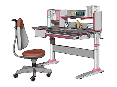 Modern Adjustable Height Desk With Bookshelf Books Clock And Ergonomic Chair 3d model