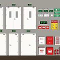 Fire Safety Equipment and Devices with Cabinets Warning Signs and Red Boxes