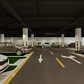 Organized Underground Parking Lot With Parked Cars Directional Arrows Marked Spaces And White Columns