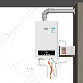 Haier White Wall Mounted Water Heater With Connected Pipes And Electric Meter Box In Home